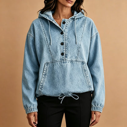 💎 OFERTA ESPECIAL 👕 Sweatshirt Jeans Feminina Casual com Capuz e Botões ✨ Visual Denim, Conforto Diário & Estilo Versátil