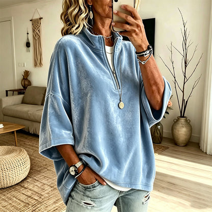 💎 OFERTA ESPECIAL 👚 Blusa Feminina de Veludo com Meio Zíper e Mangas 3/4 ✨ Toque Sofisticado, Conforto Diário & Estilo Versátil